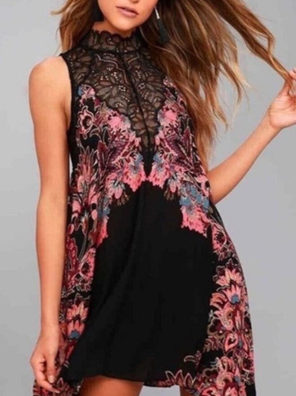 Free People Black Mini Dress with Pink Floral Embroidery